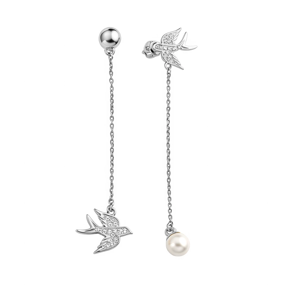 Серьги  Птица с искусственным жемчугом из серебра 925 пробы