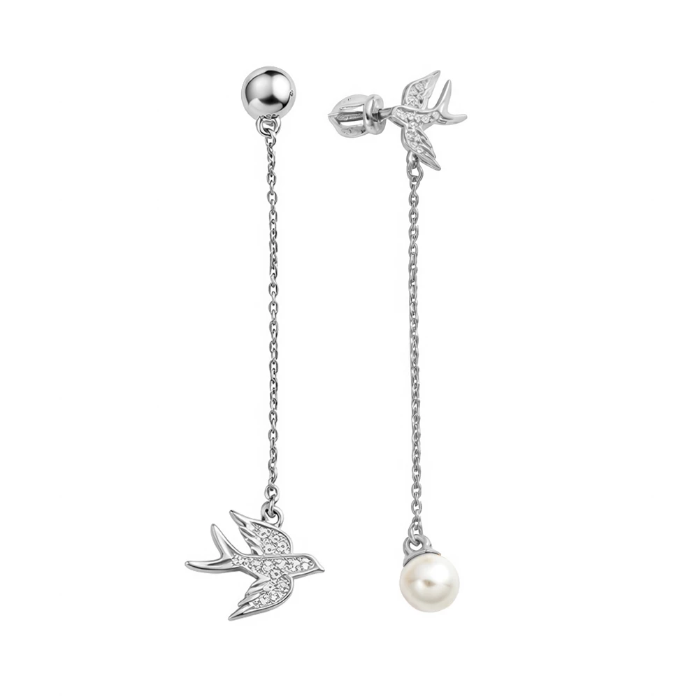 Серьги  Птица с искусственным жемчугом из серебра 925 пробы
