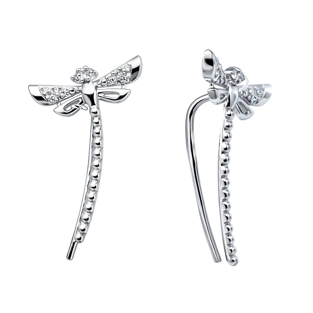 Серьги  Стрекоза с фианитами из серебра 925 пробы