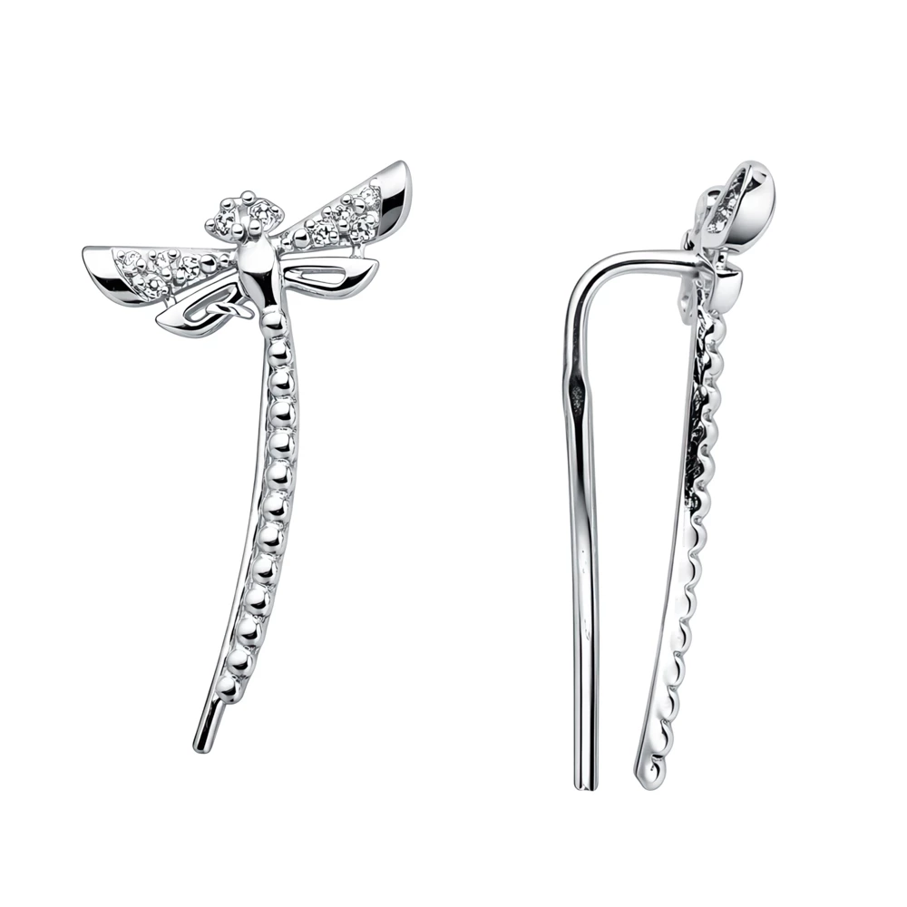 Серьги  Стрекоза с фианитами из серебра 925 пробы