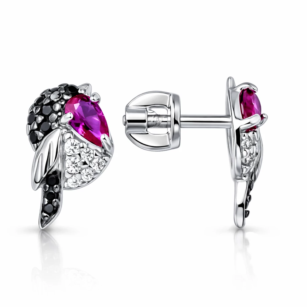 Серьги  Птица с фианитами из серебра 925 пробы