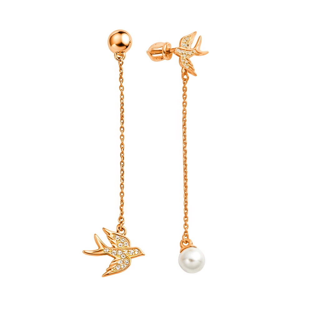 Серьги  Птица с искусственным жемчугом из серебра 925 пробы