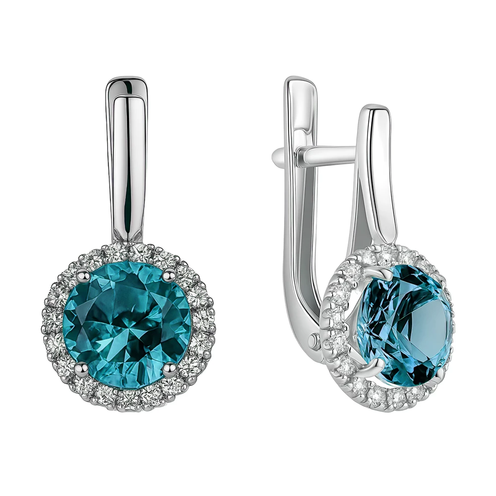 Серьги с кварцем синтетическим и фианитами из серебра 925 пробы