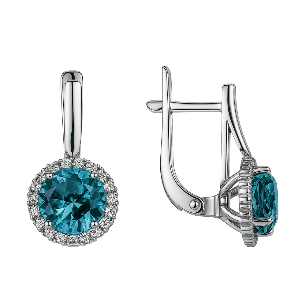 Серьги с кварцем синтетическим и фианитами из серебра 925 пробы