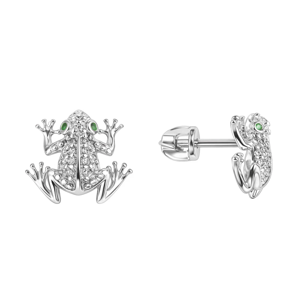 Серьги  Лягушка с фианитами из серебра 925 пробы