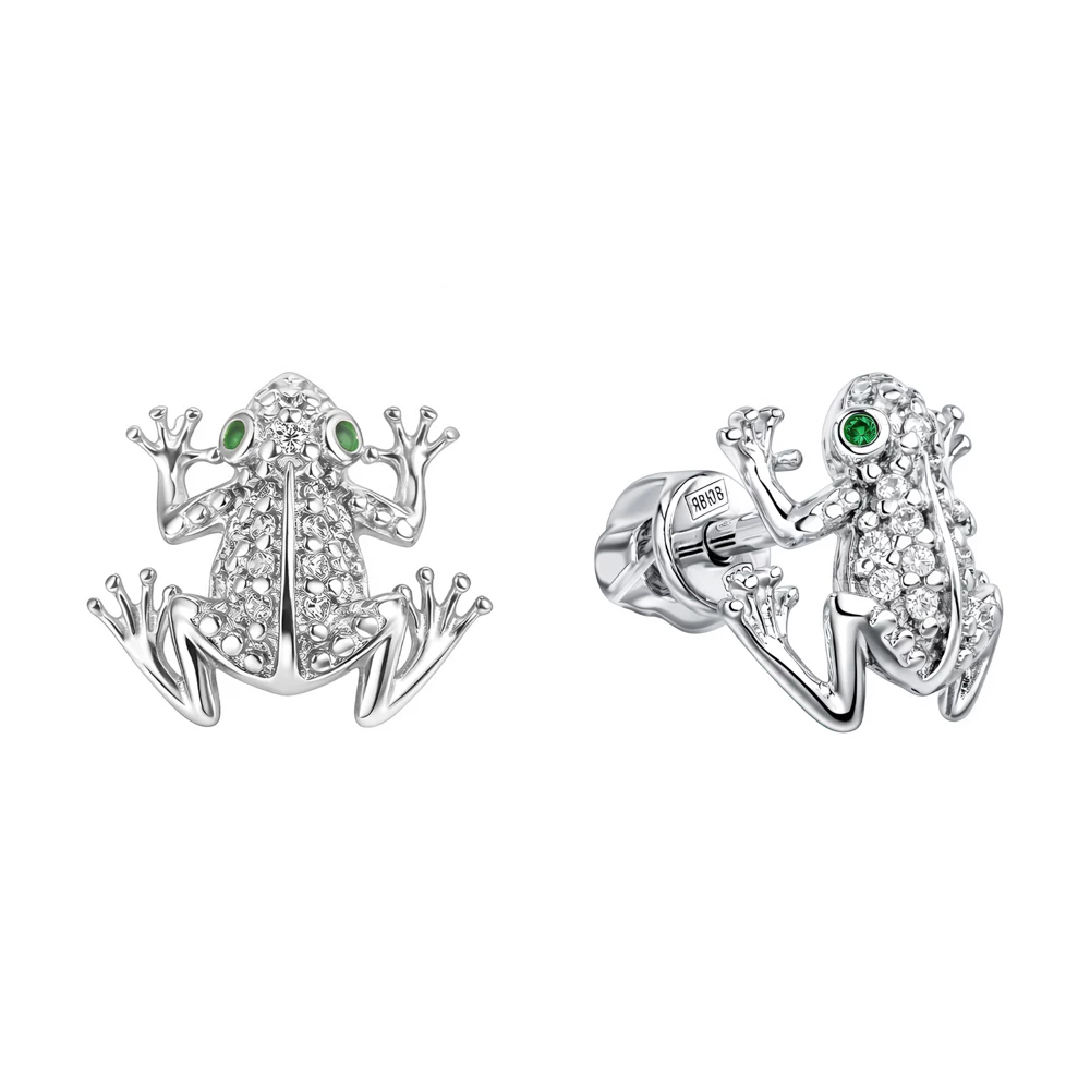 Серьги  Лягушка с фианитами из серебра 925 пробы