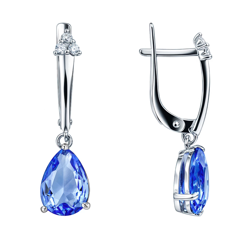 Серьги с кварцем синтетическим и фианитами из серебра 925 пробы