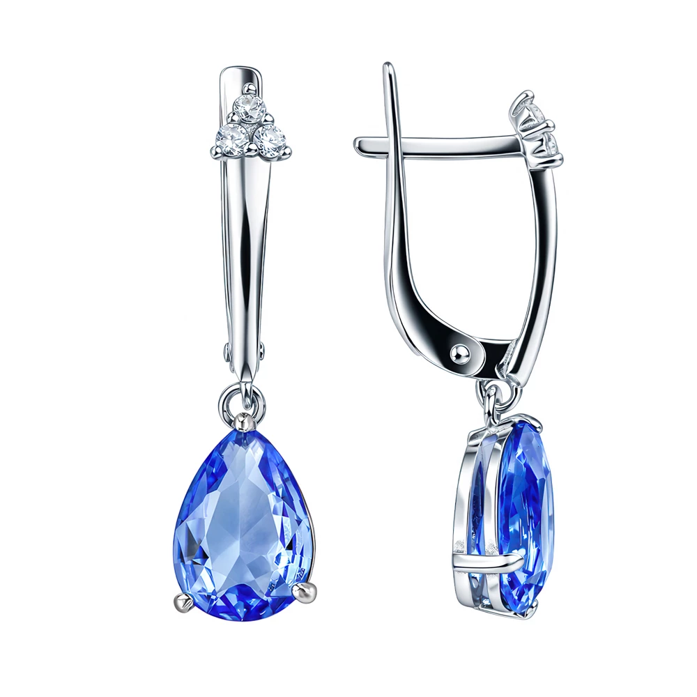 Серьги с кварцем синтетическим и фианитами из серебра 925 пробы
