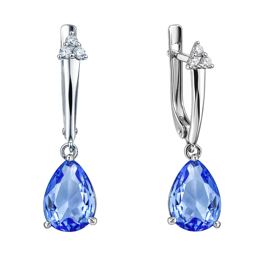 Серьги с кварцем синтетическим и фианитами из серебра 925 пробы