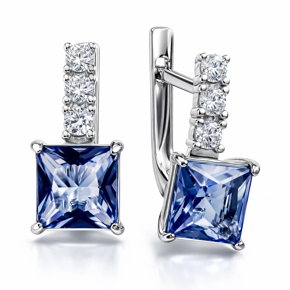 Серьги с кварцем синтетическим и фианитами из серебра 925 пробы