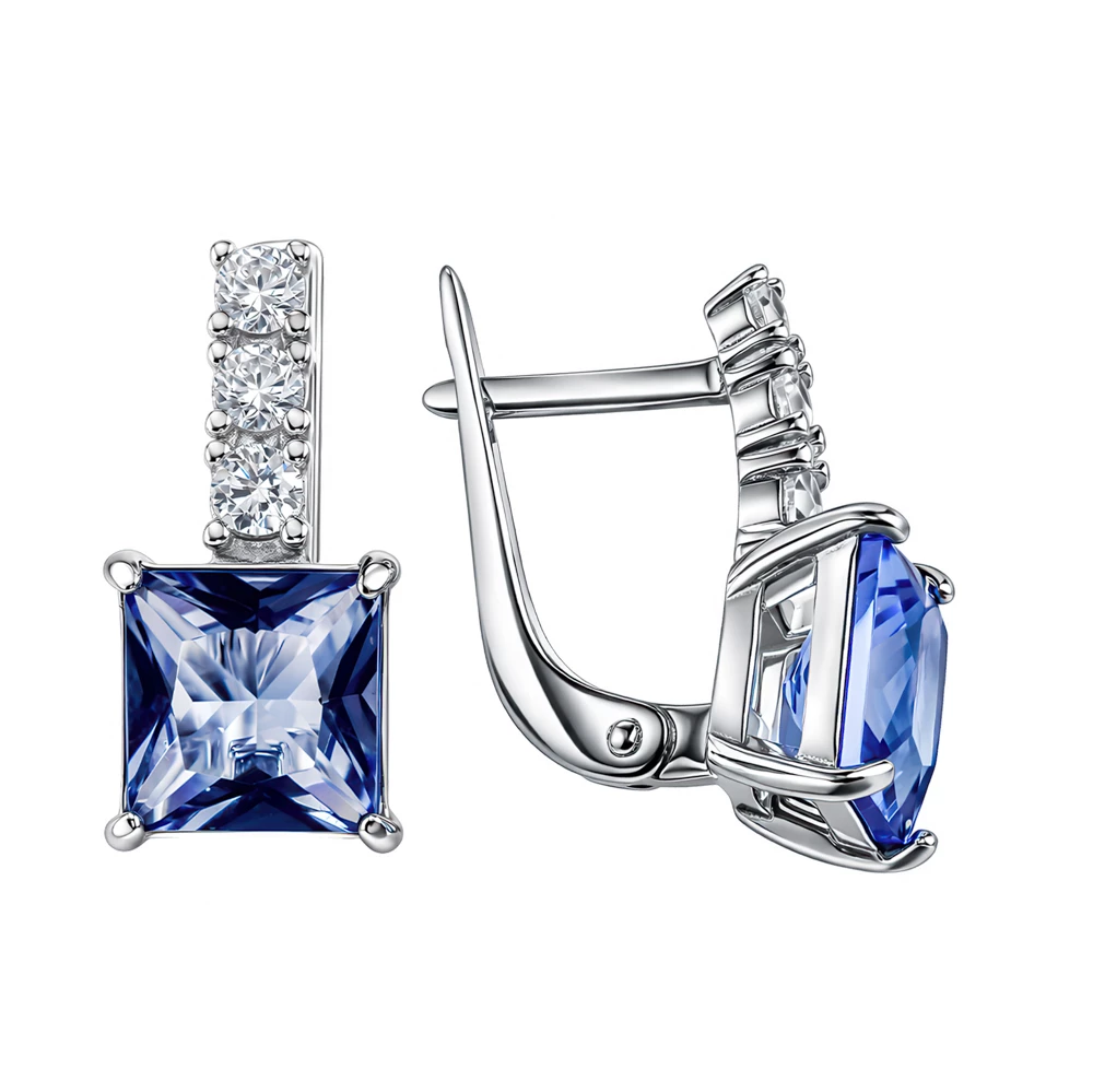 Серьги с кварцем синтетическим и фианитами из серебра 925 пробы
