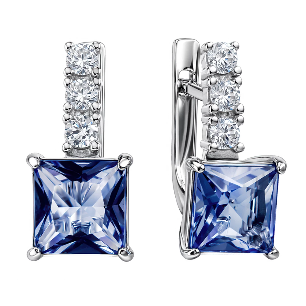 Серьги с кварцем синтетическим и фианитами из серебра 925 пробы