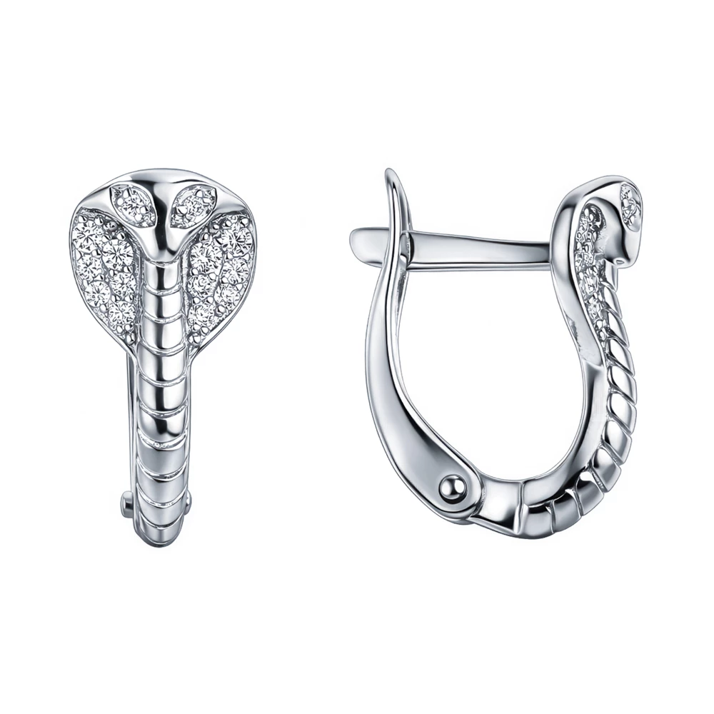 Серьги  Змея с фианитами из серебра 925 пробы