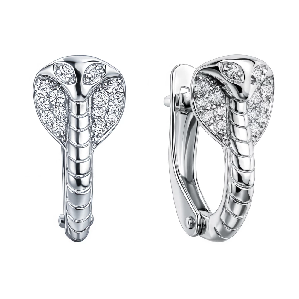 Серьги  Змея с фианитами из серебра 925 пробы