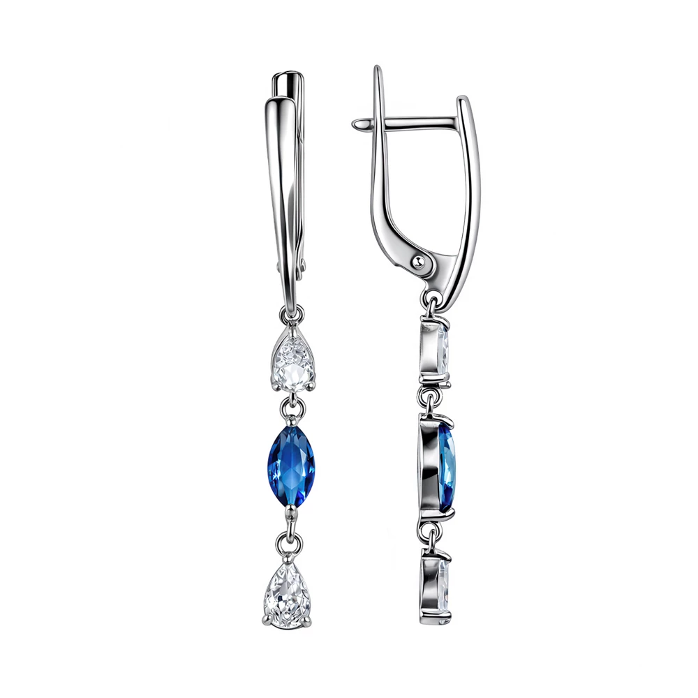Серьги с кварцем синтетическим и фианитами из серебра 925 пробы