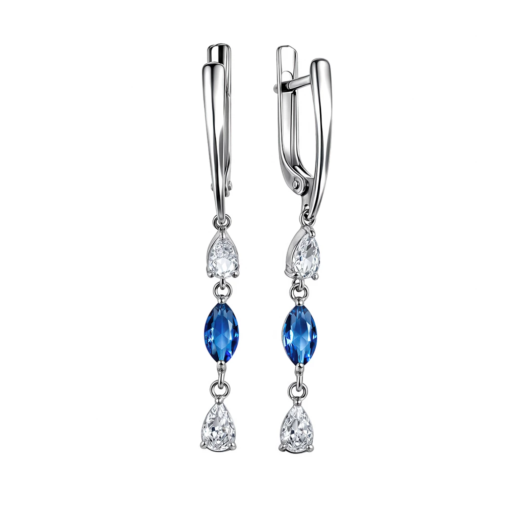 Серьги с кварцем синтетическим и фианитами из серебра 925 пробы
