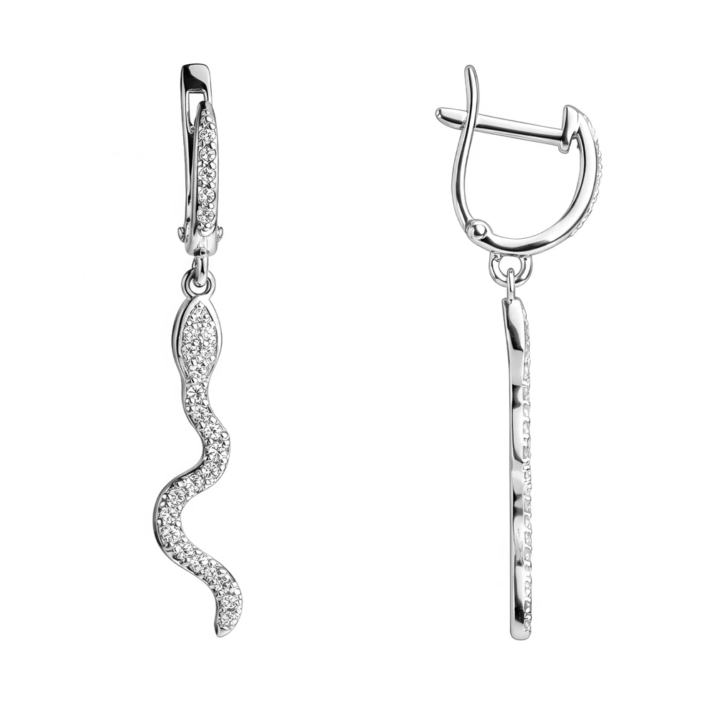 Серьги  Змея с фианитами из серебра 925 пробы