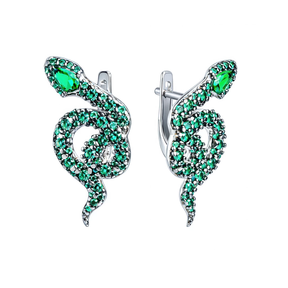 Серьги  Змея с фианитами из серебра 925 пробы