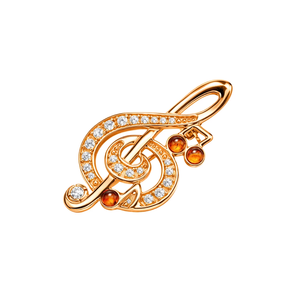 Брошь с янтарем и фианитами из серебра 925 пробы