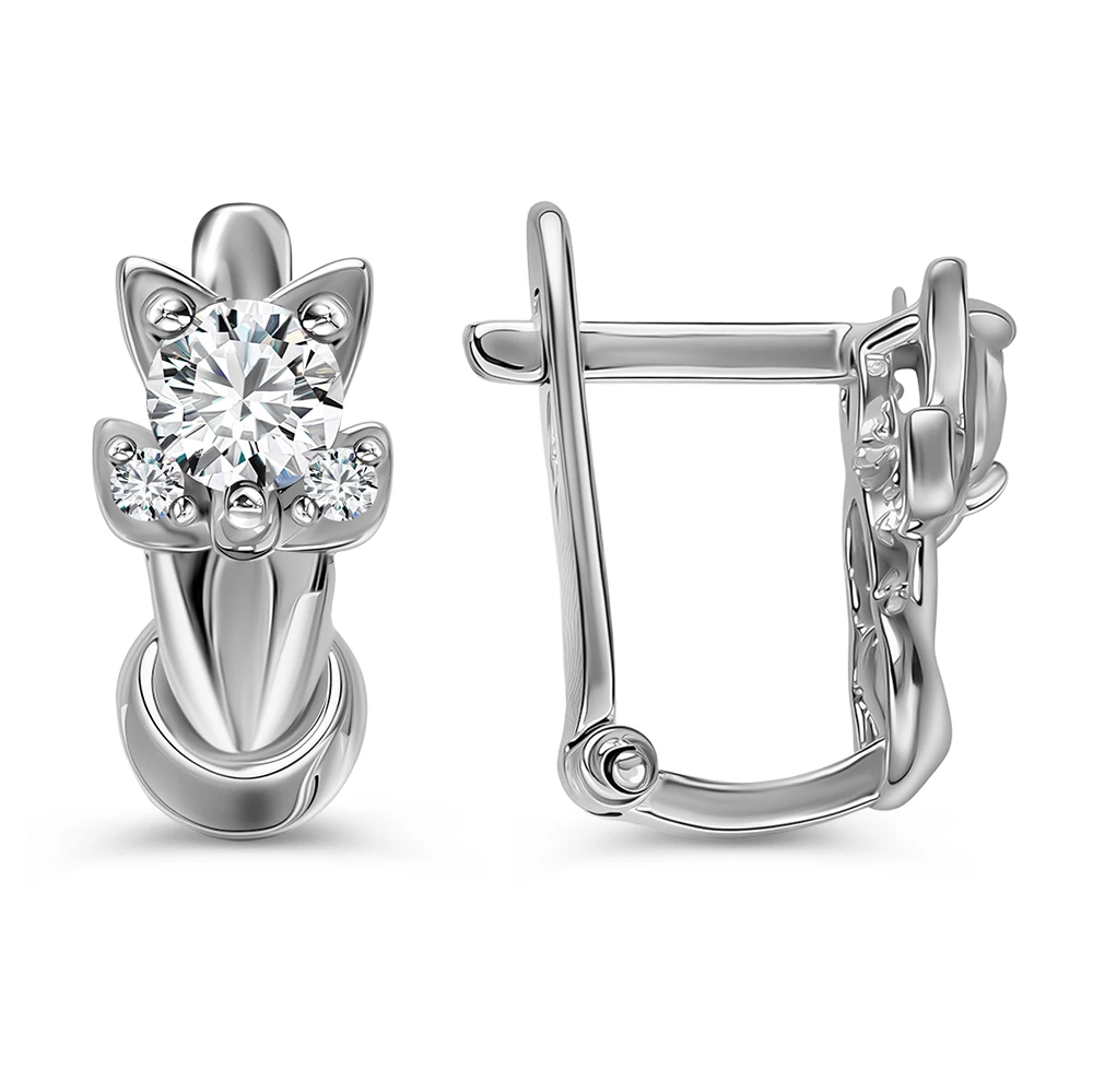 Серьги  Кошка детские с фианитами из серебра 925 пробы
