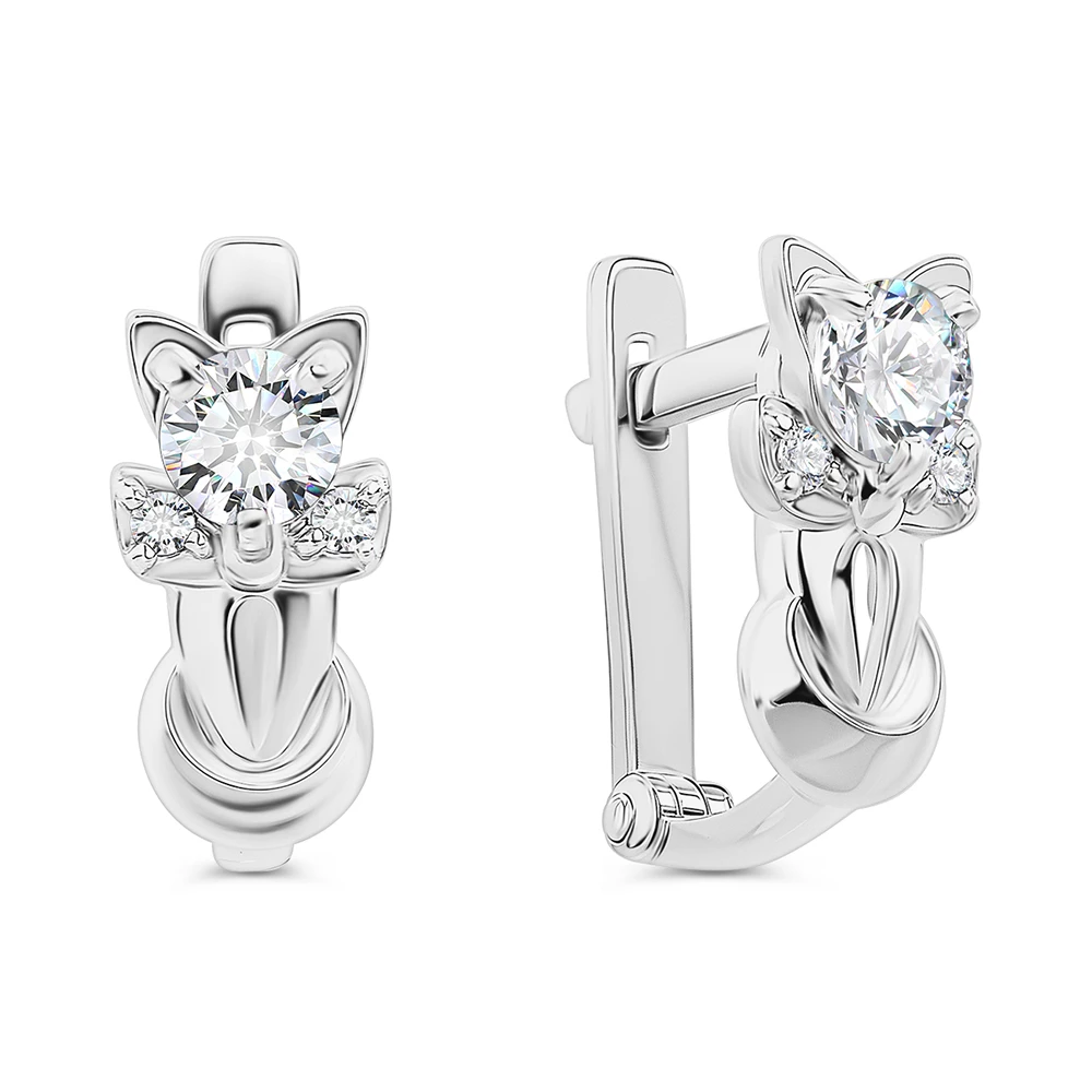 Серьги  Кошка детские с фианитами из серебра 925 пробы