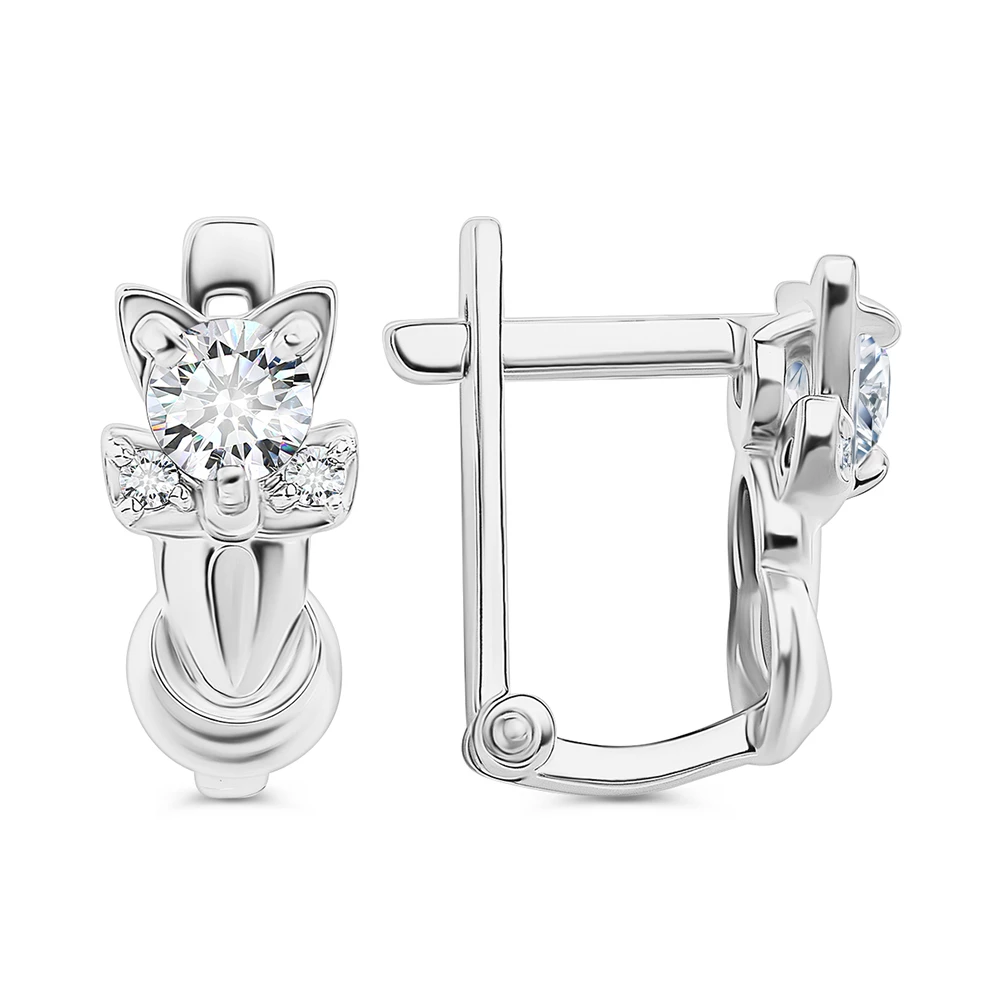 Серьги  Кошка детские с фианитами из серебра 925 пробы