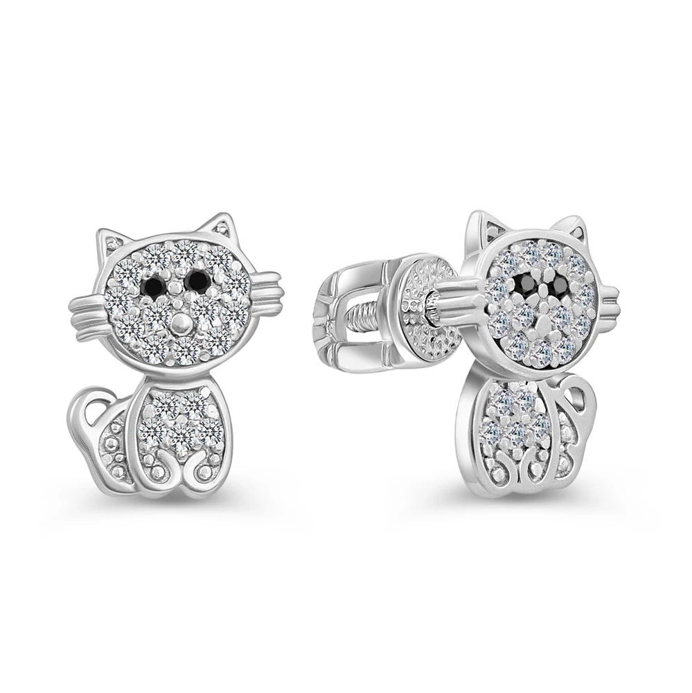 Серьги  Кошка детские с фианитами из серебра 925 пробы