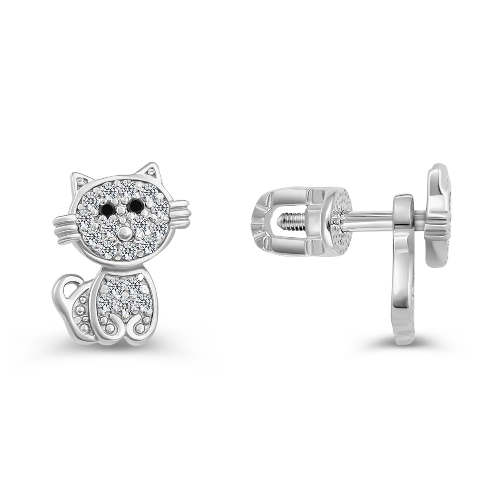 Серьги  Кошка детские с фианитами из серебра 925 пробы
