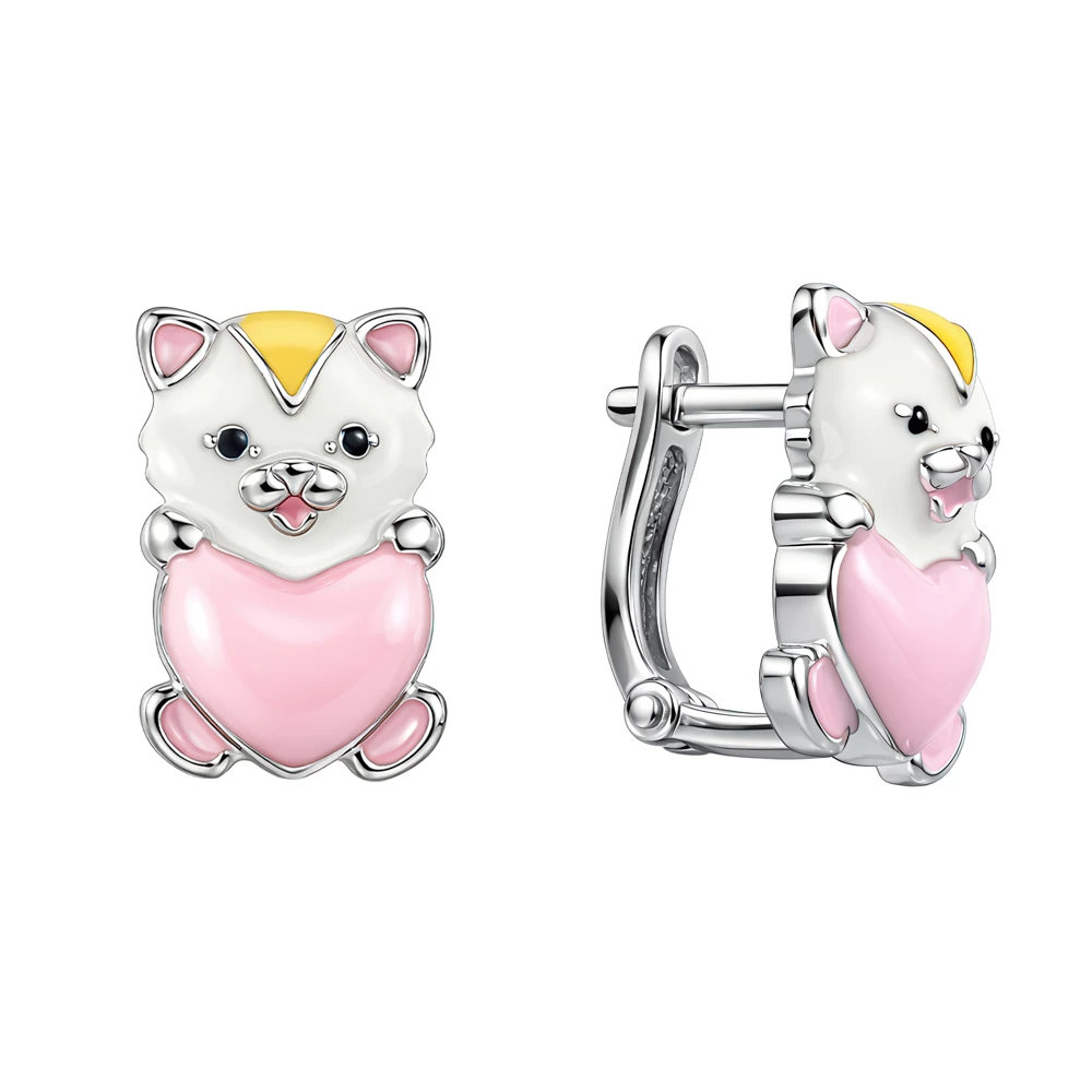 Серьги  Кошка детские с фианитами из серебра 925 пробы
