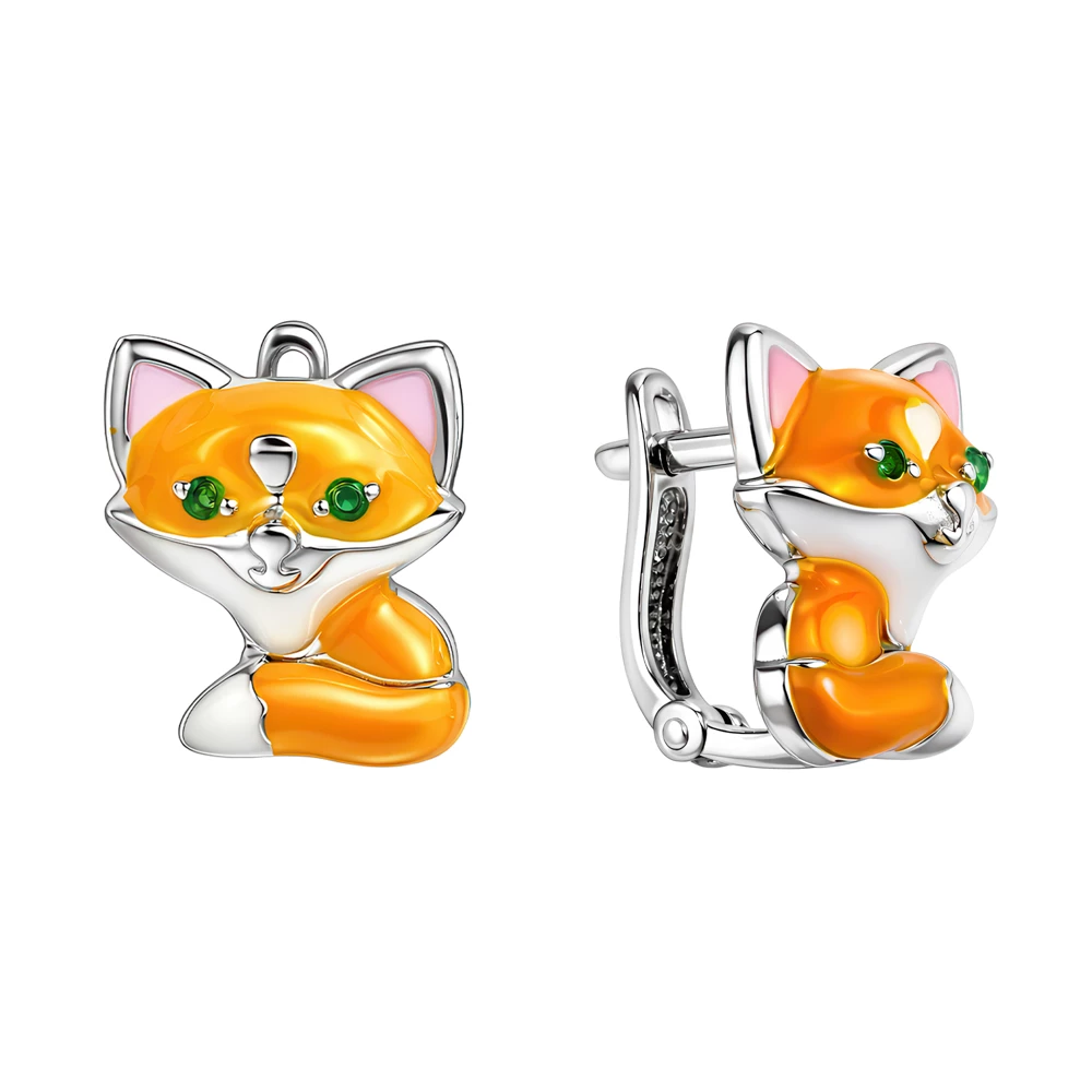 Серьги  Лиса детские с фианитами из серебра 925 пробы