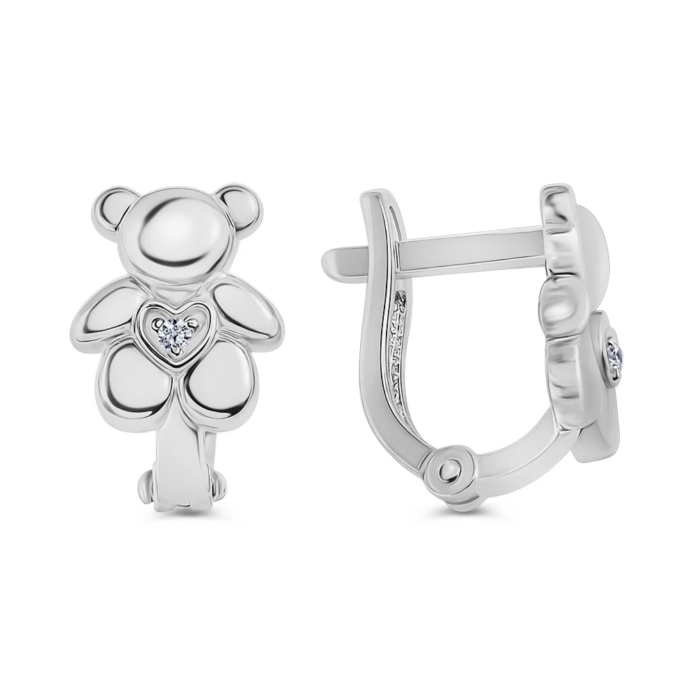Серьги  Мишка детские с фианитами из серебра 925 пробы