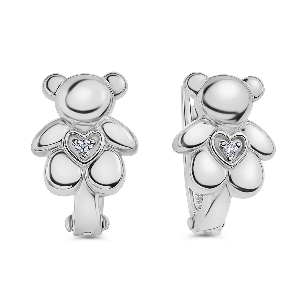 Серьги  Мишка детские с фианитами из серебра 925 пробы