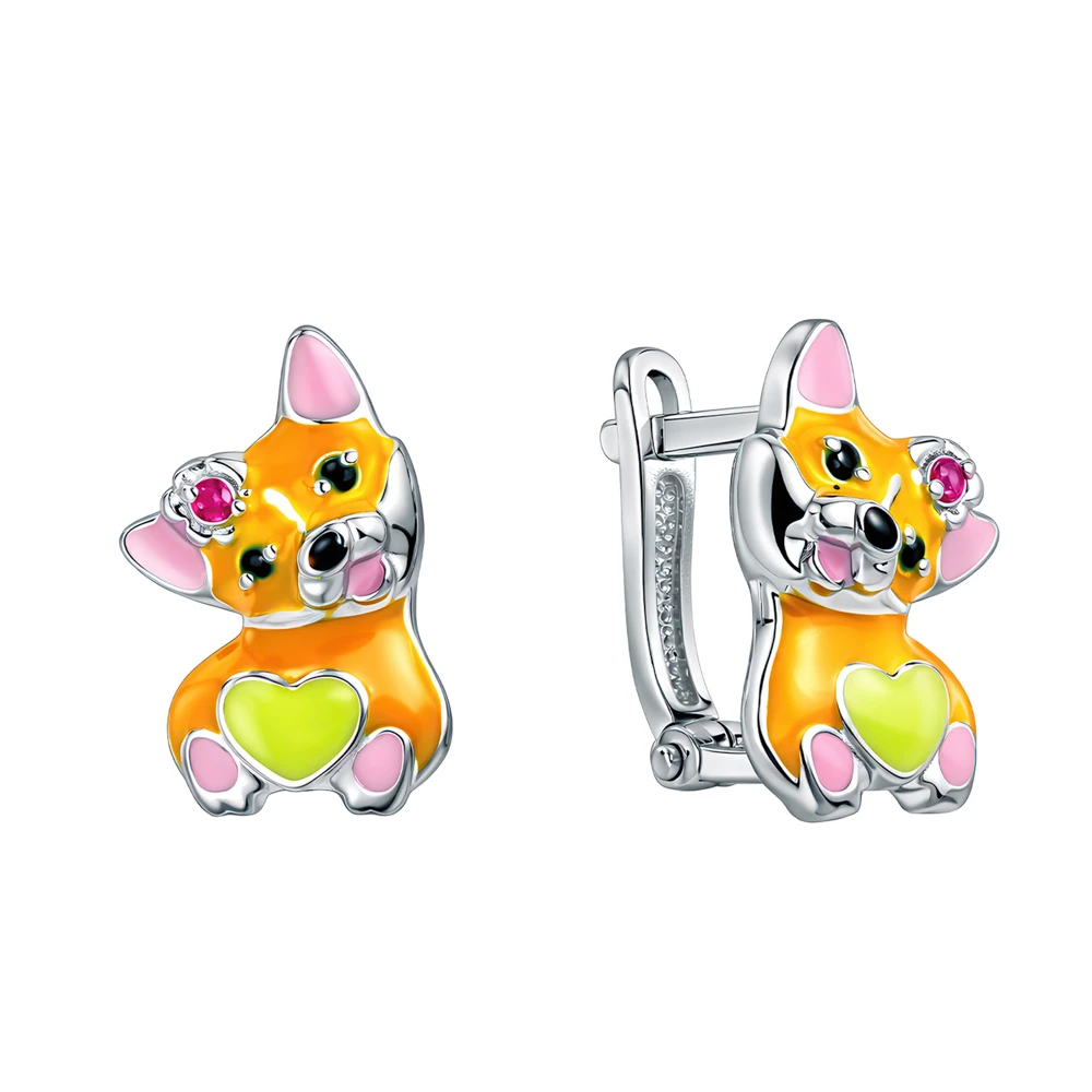 Серьги  Собака детские с фианитами из серебра 925 пробы