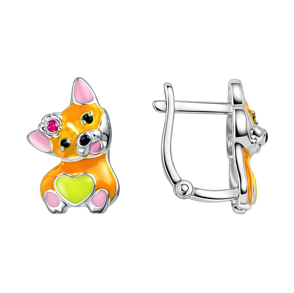 Серьги  Собака детские с фианитами из серебра 925 пробы