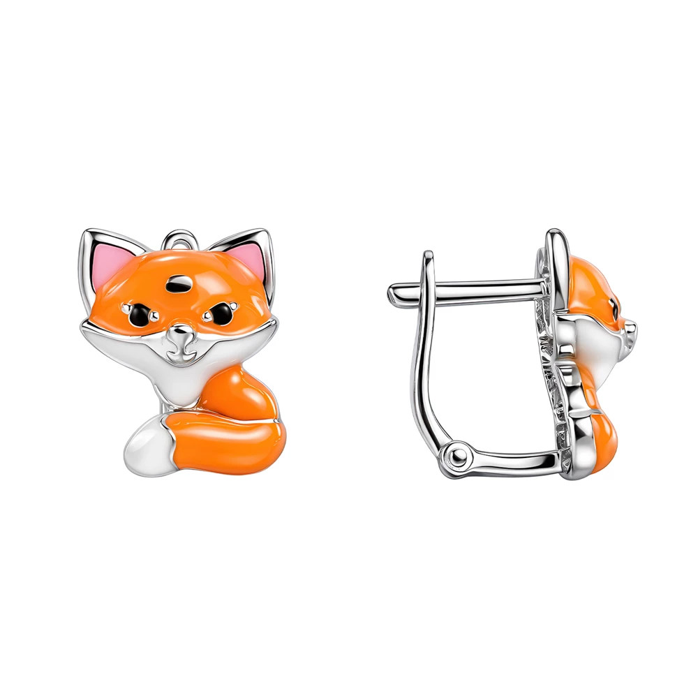 Серьги  Лиса детские с фианитами из серебра 925 пробы