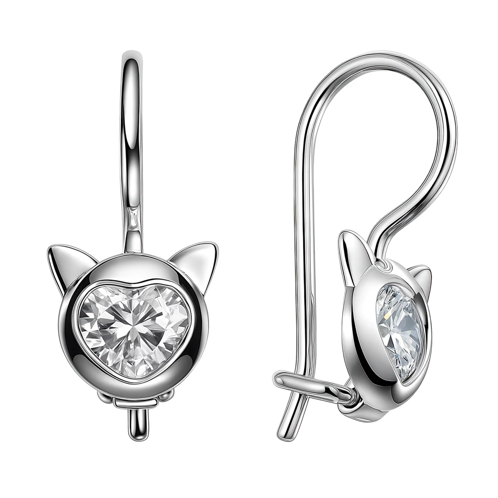 Серьги  Кошка детские с фианитами из серебра 925 пробы