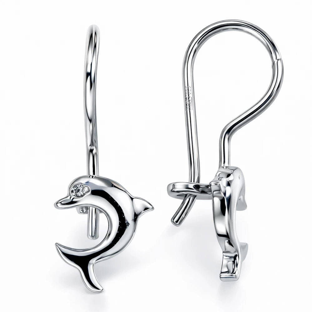Серьги  Дельфин детские с фианитами из серебра 925 пробы