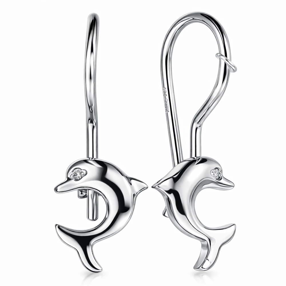 Серьги  Дельфин детские с фианитами из серебра 925 пробы