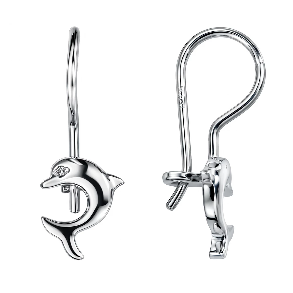 Серьги  Дельфин детские с фианитами из серебра 925 пробы