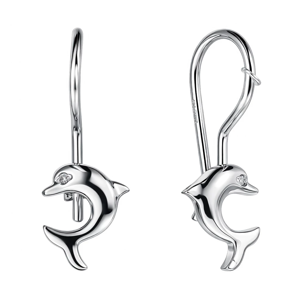 Серьги  Дельфин детские с фианитами из серебра 925 пробы