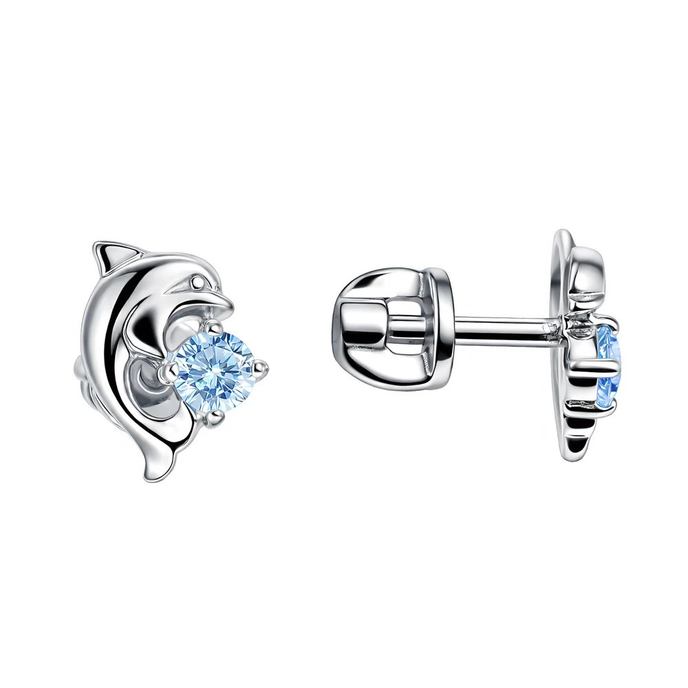 Серьги  Дельфин детские с фианитами из серебра 925 пробы