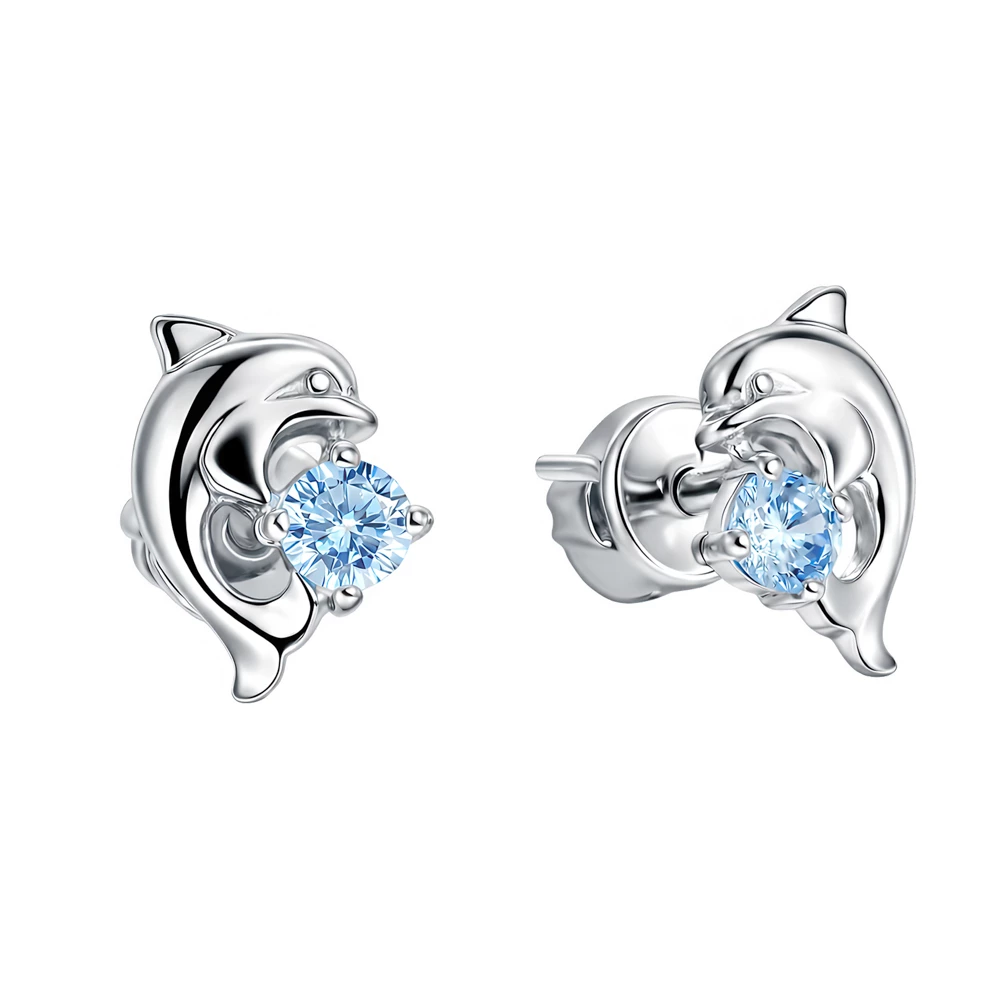 Серьги  Дельфин детские с фианитами из серебра 925 пробы