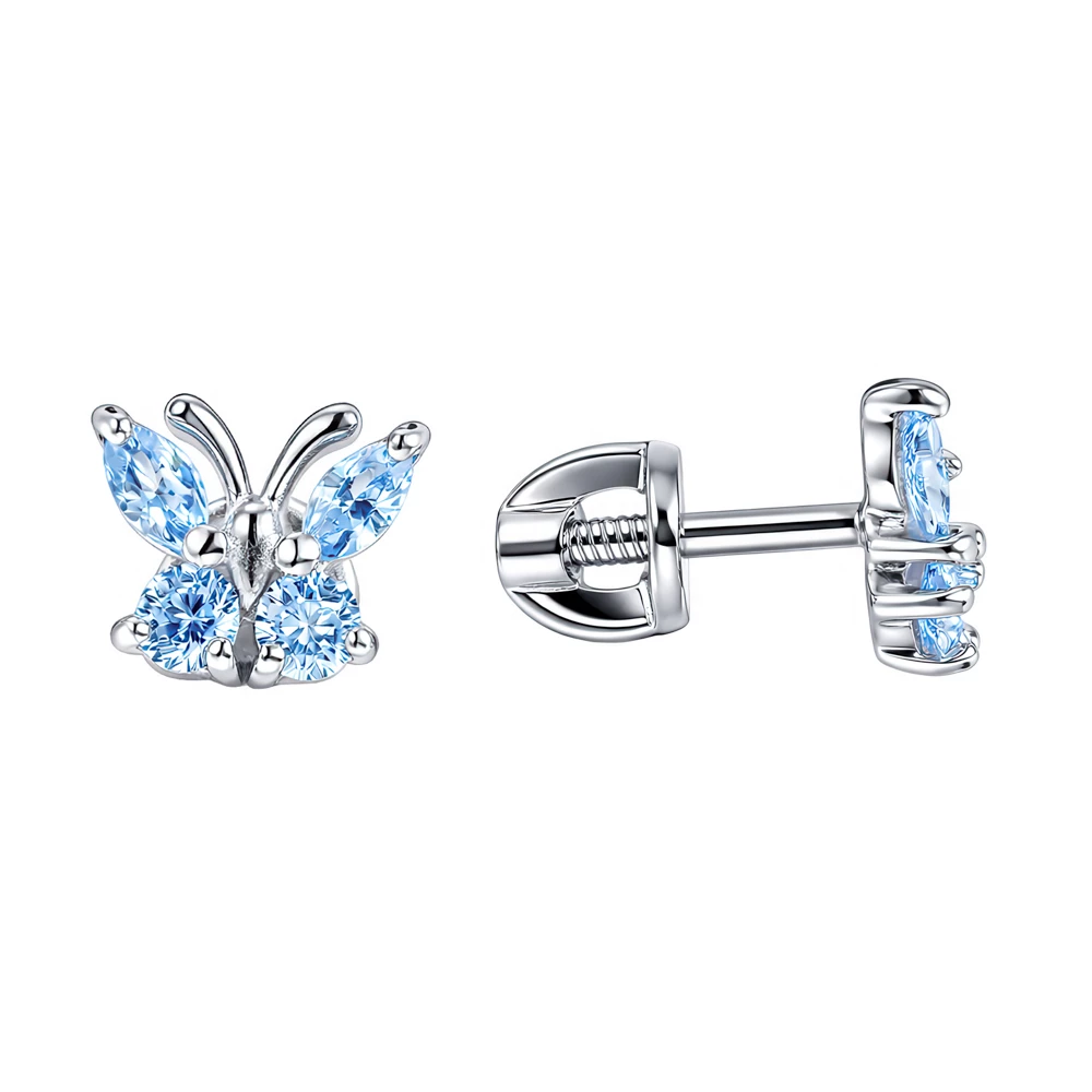 Серьги  Бабочка детские с фианитами из серебра 925 пробы