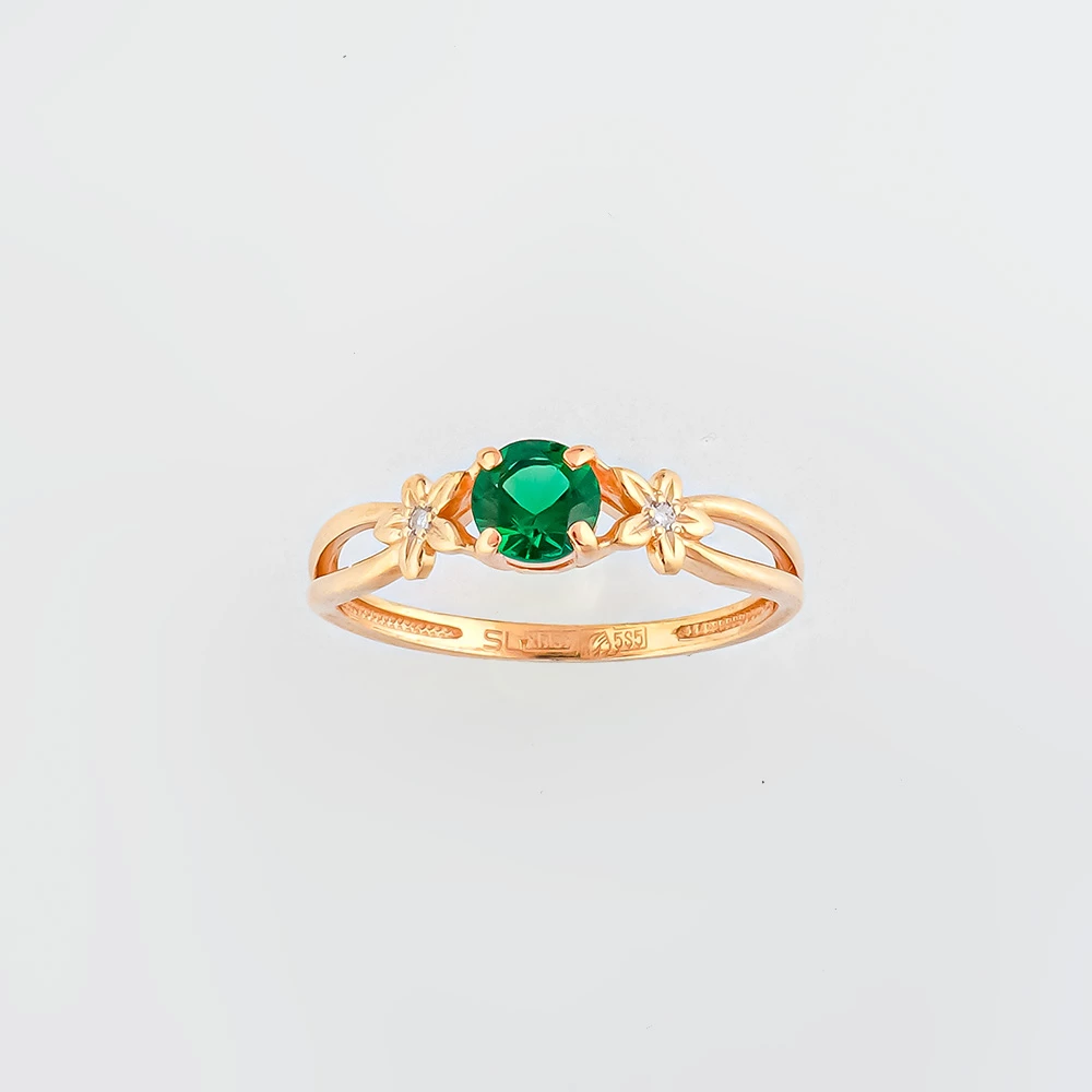 Кольцо с изумрудом синтетическим из красного золота 585 пробы