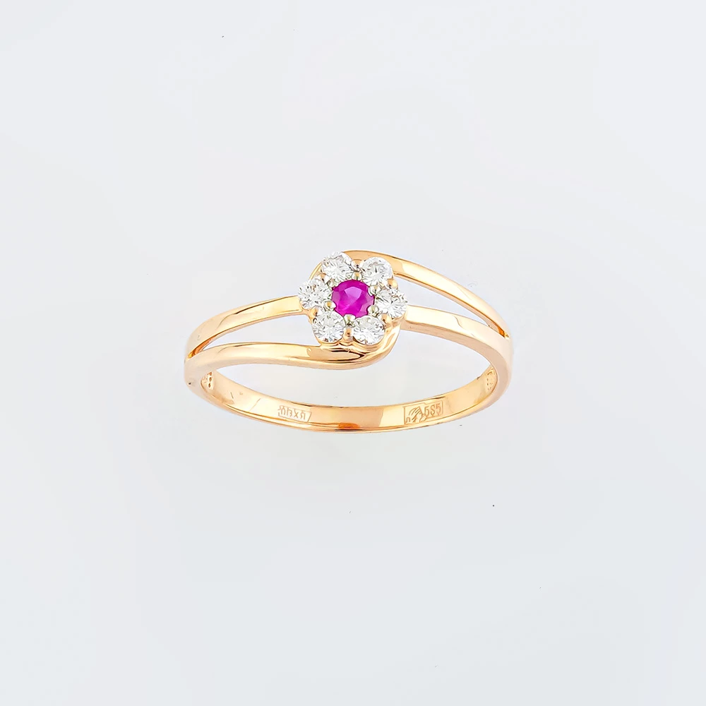 Кольцо с рубином синтетическим из красного золота 585 пробы