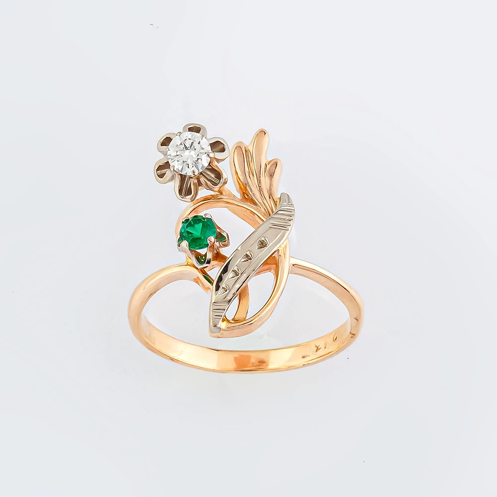 Кольцо с изумрудом синтетическим из красного золота 585 пробы