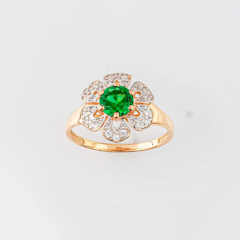 Кольцо с изумрудом синтетическим из красного золота 585 пробы