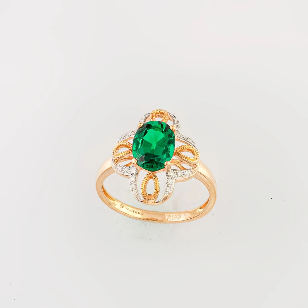 Кольцо с изумрудом синтетическим из красного золота 585 пробы