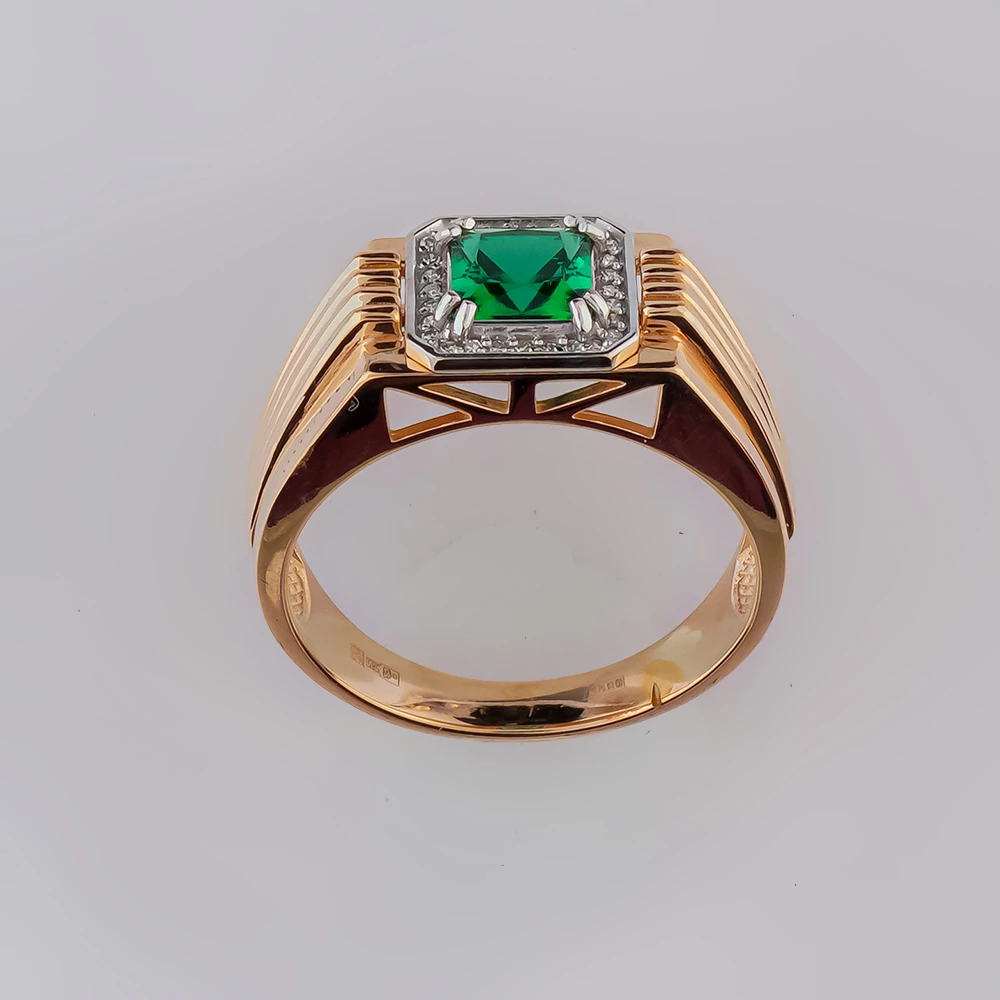 Кольцо с изумрудом синтетическим из красного золота 585 пробы