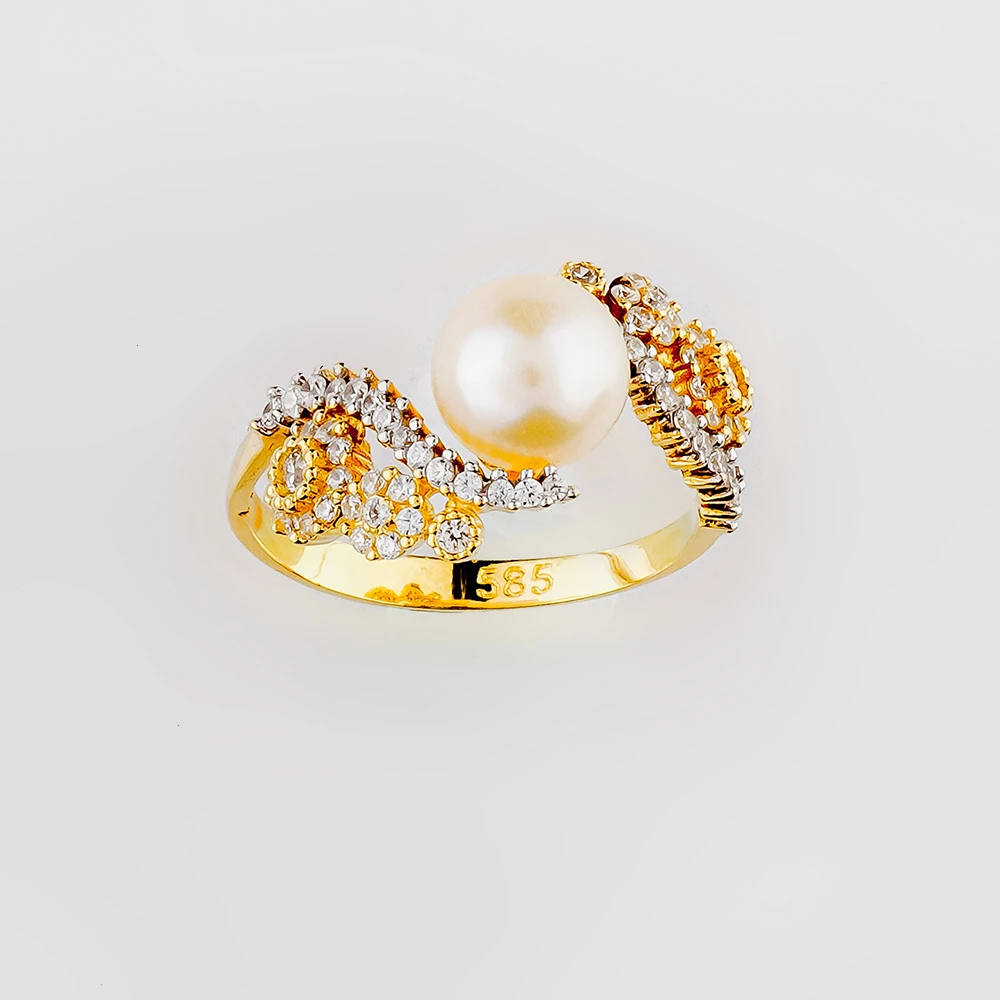 Кольцо с культивированным жемчугом из желтого золота 585 пробы